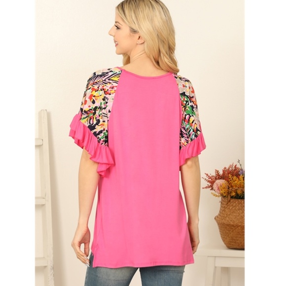 "The Kimmi" Pink Ruffle Cuff Floral Sleeve V Neck Top - Picture 2 of 4